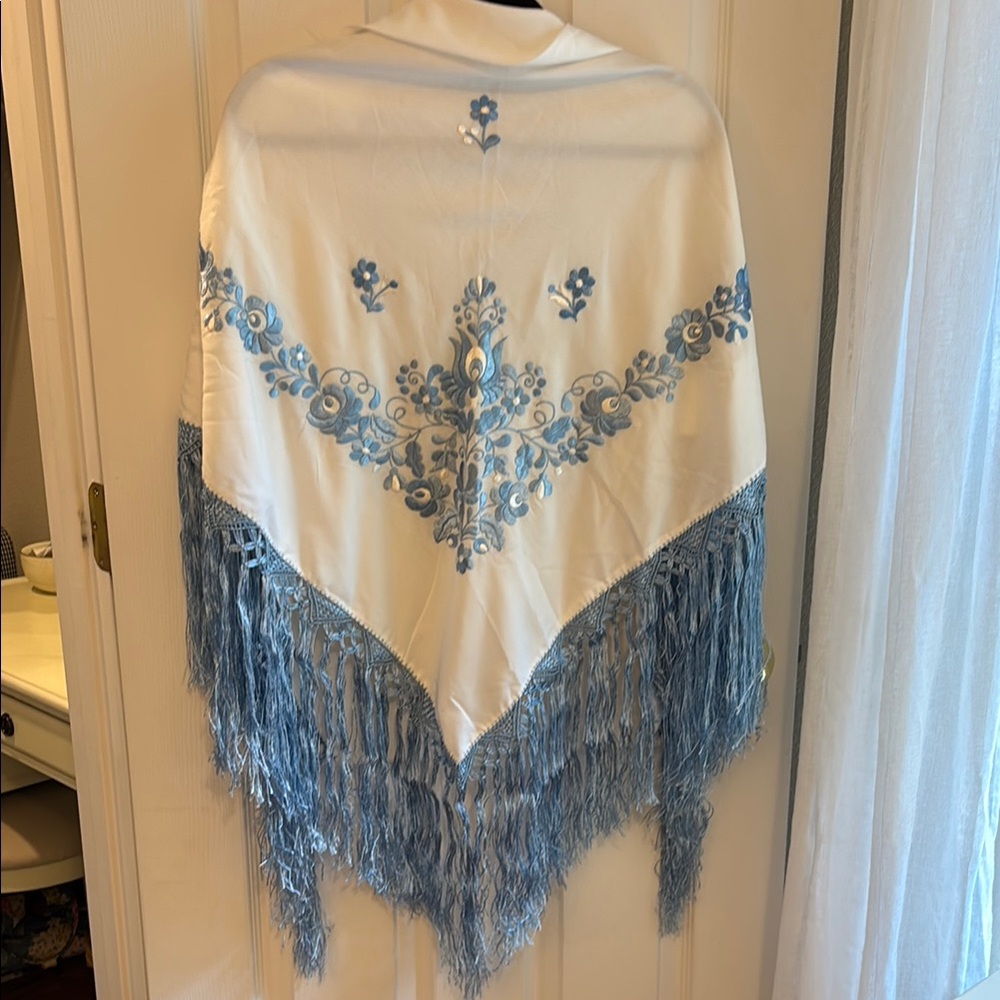 Ivory Shawl with Blue Floral Embroidery and Fringe